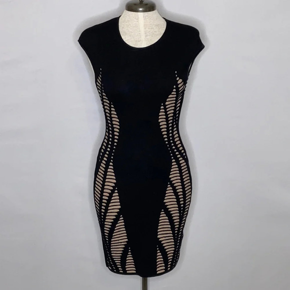 RVN Black & Gold Knit Cut Out Illusion Bodycon Sleeveless Mini Dress - Medium - Picture 1 of 5